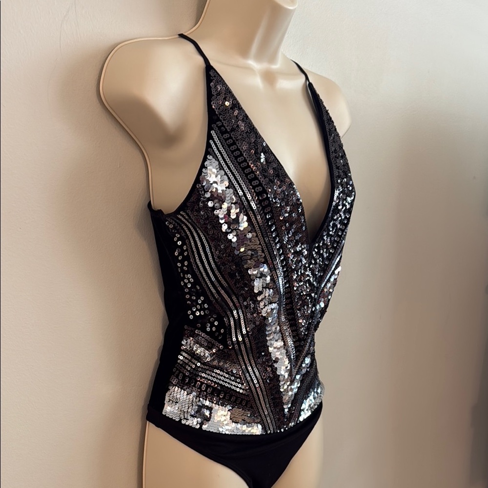 Sequin V-Neck Bodysuit in Black and Silver Timeless Chic Elegant Design Small - Picture 6 of 9